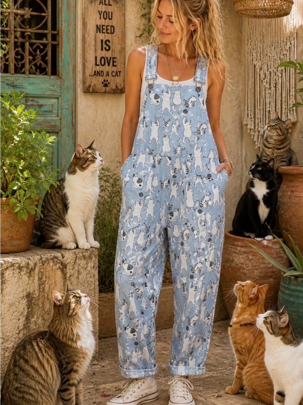 Light Blue Cat Print Women's Overalls Jumpsuit